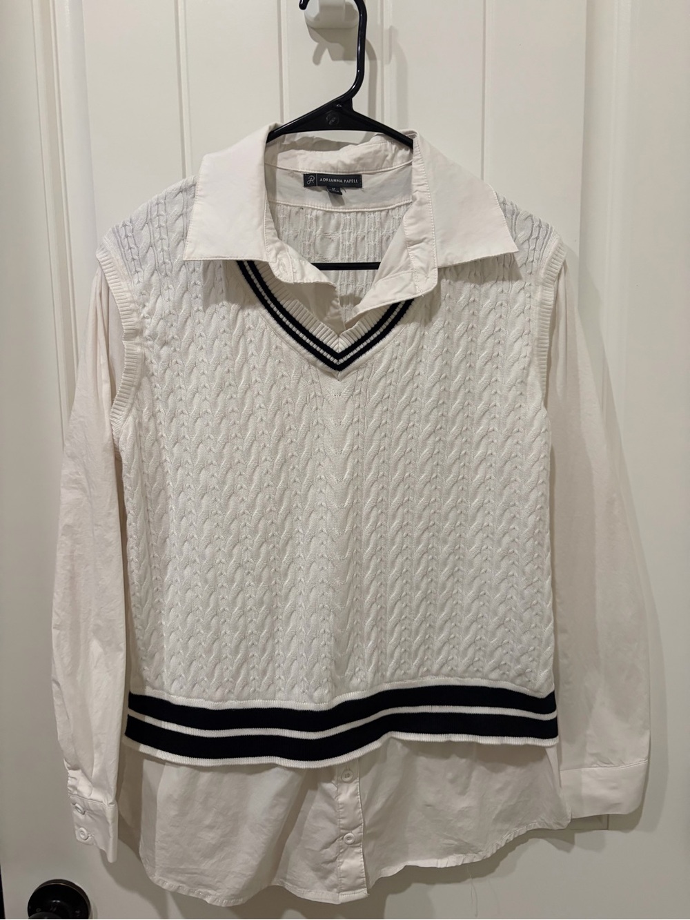 Adrianna Papell Ivory Cable-Knit V-Neck Sweater Vest with Black Trim preppy